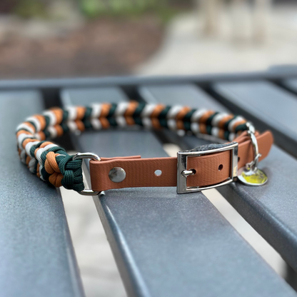 Coiled Charm Hand Braided Dog Collar in Hunter Green, Mustard, & Cream