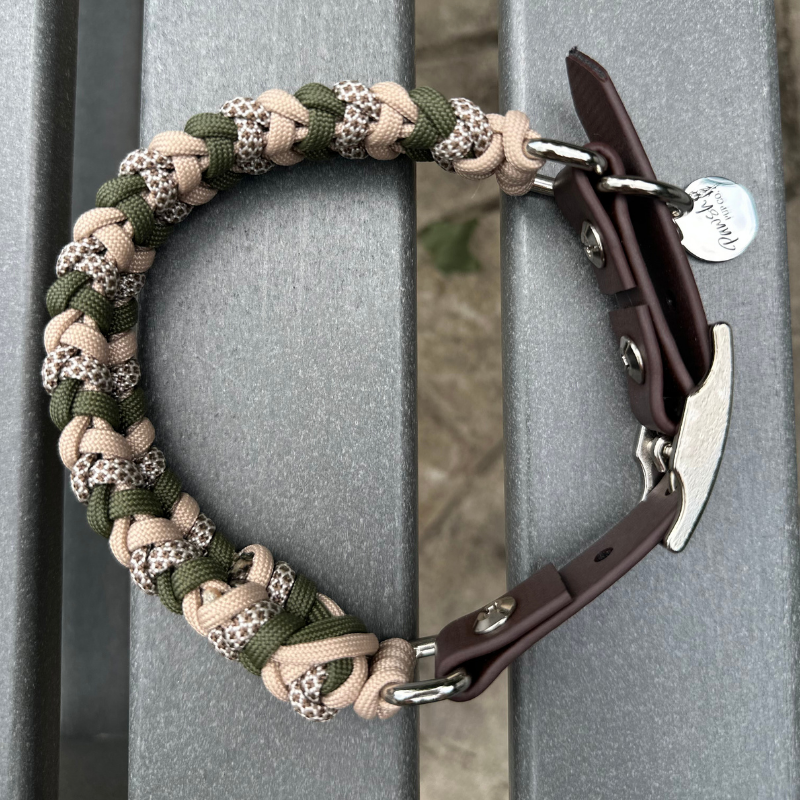 Coiled Charm Hand Braided Dog Collar in Olive, Light Tan, & Coyote Brown Diamonds