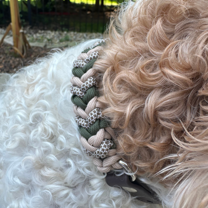 Coiled Charm Hand Braided Dog Collar in Olive, Light Tan, & Coyote Brown Diamonds