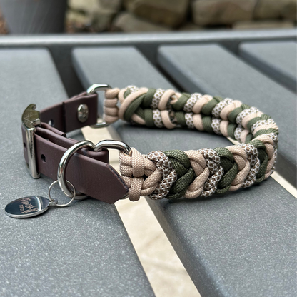 Coiled Charm Hand Braided Dog Collar in Olive, Light Tan, & Coyote Brown Diamonds