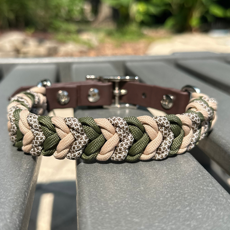 Coiled Charm Hand Braided Dog Collar in Olive, Light Tan, & Coyote Brown Diamonds