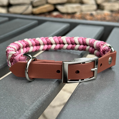 Coiled Charm Hand Braided Dog Collar in Pink, Red Diamonds, & Cream