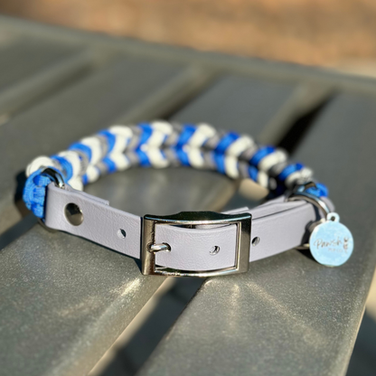 Coiled Charm Hand Braided Dog Collar in Royal Blue, Graphite, & White