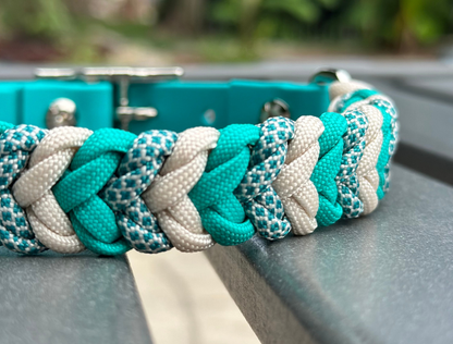 Coiled Charm Hand Braided Dog Collar in Teal, Cream, & Teal Diamonds