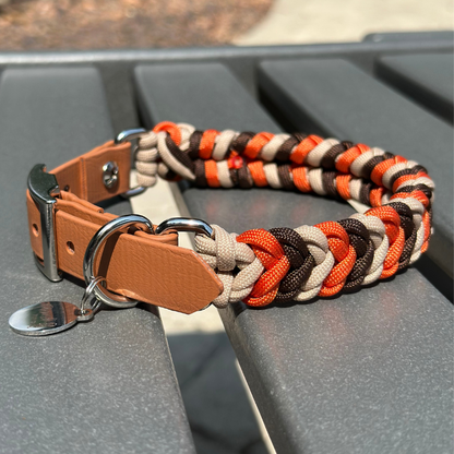 Coiled Charm Hand Braided Dog Collar in Burnt Orange, Walnut Brown, & Light Tan